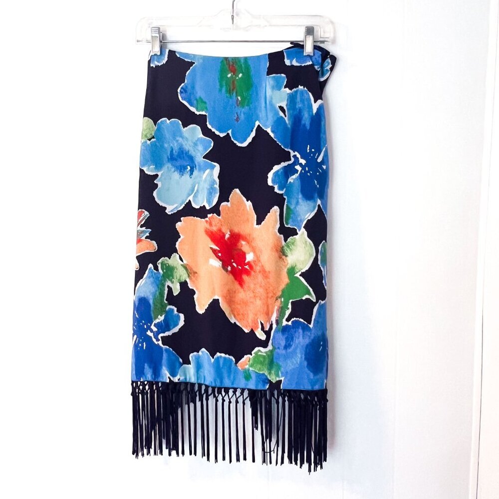 Lauren Ralph Lauren Navy Blue Floral Fringe Faux-Wrap Skirt Tropical Crepe Midi - Picture 7 of 12